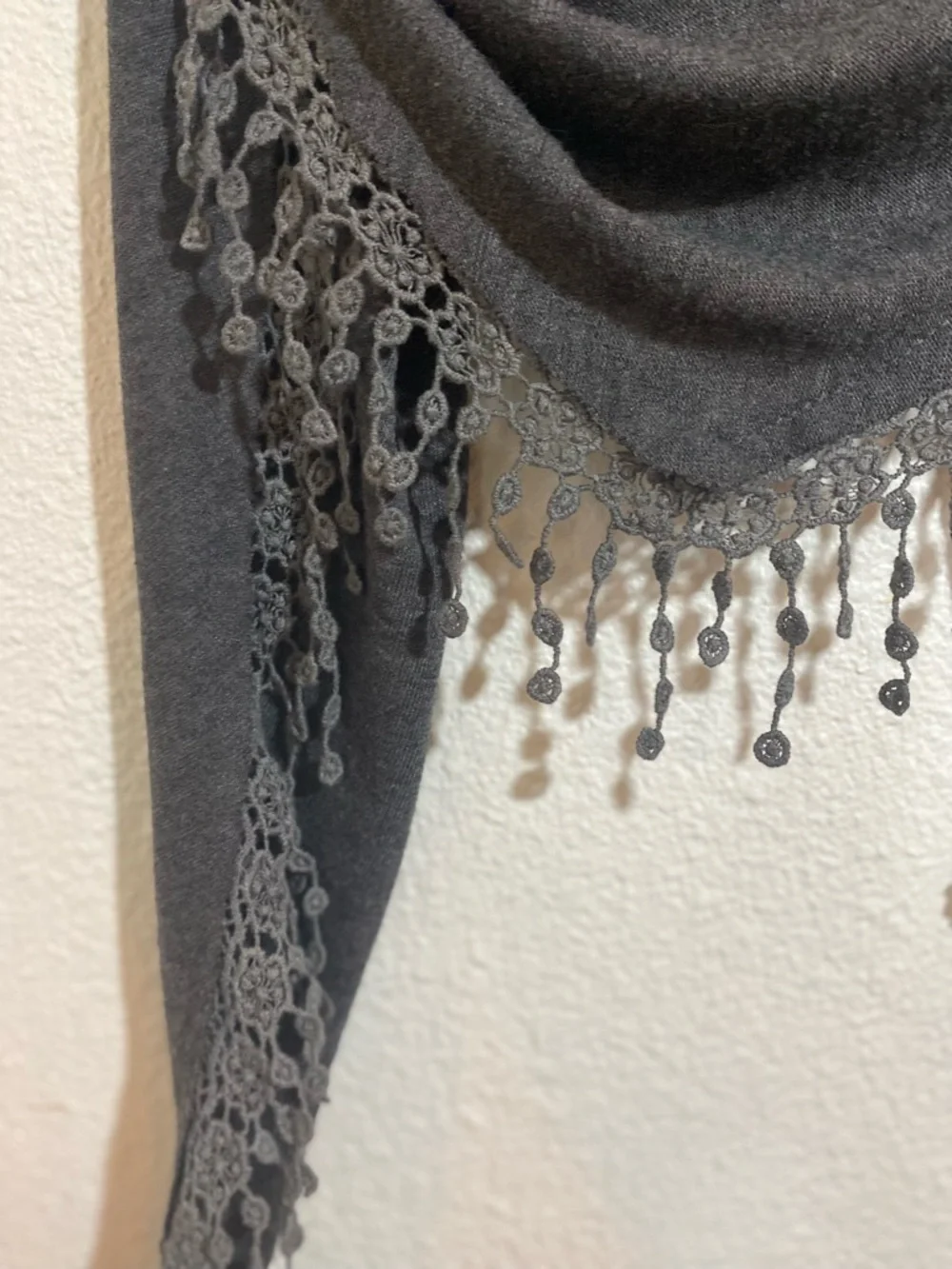 Stormcloud Grey Knit Triangle Scarf with Flower Lace Fringe - Picture 4 of 7